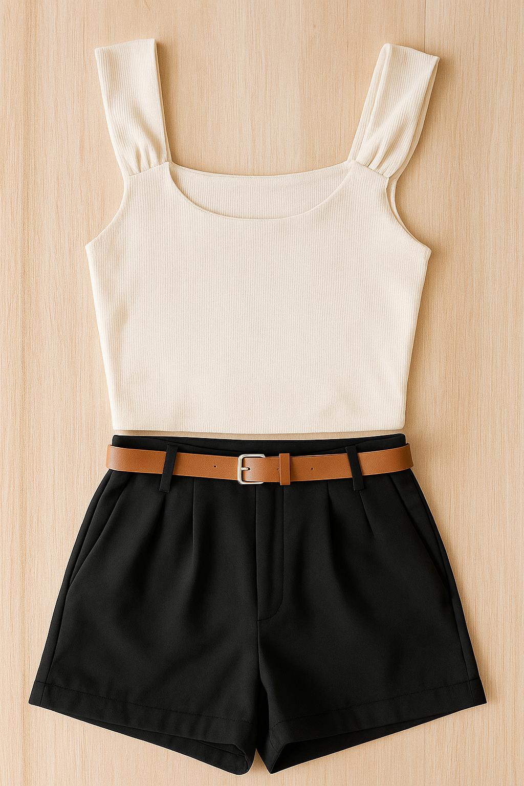 kit  Feminino 4 itens: 2 Croppeds Canelados + Cinto+ Short em Alfaiataria Com  Bolsos