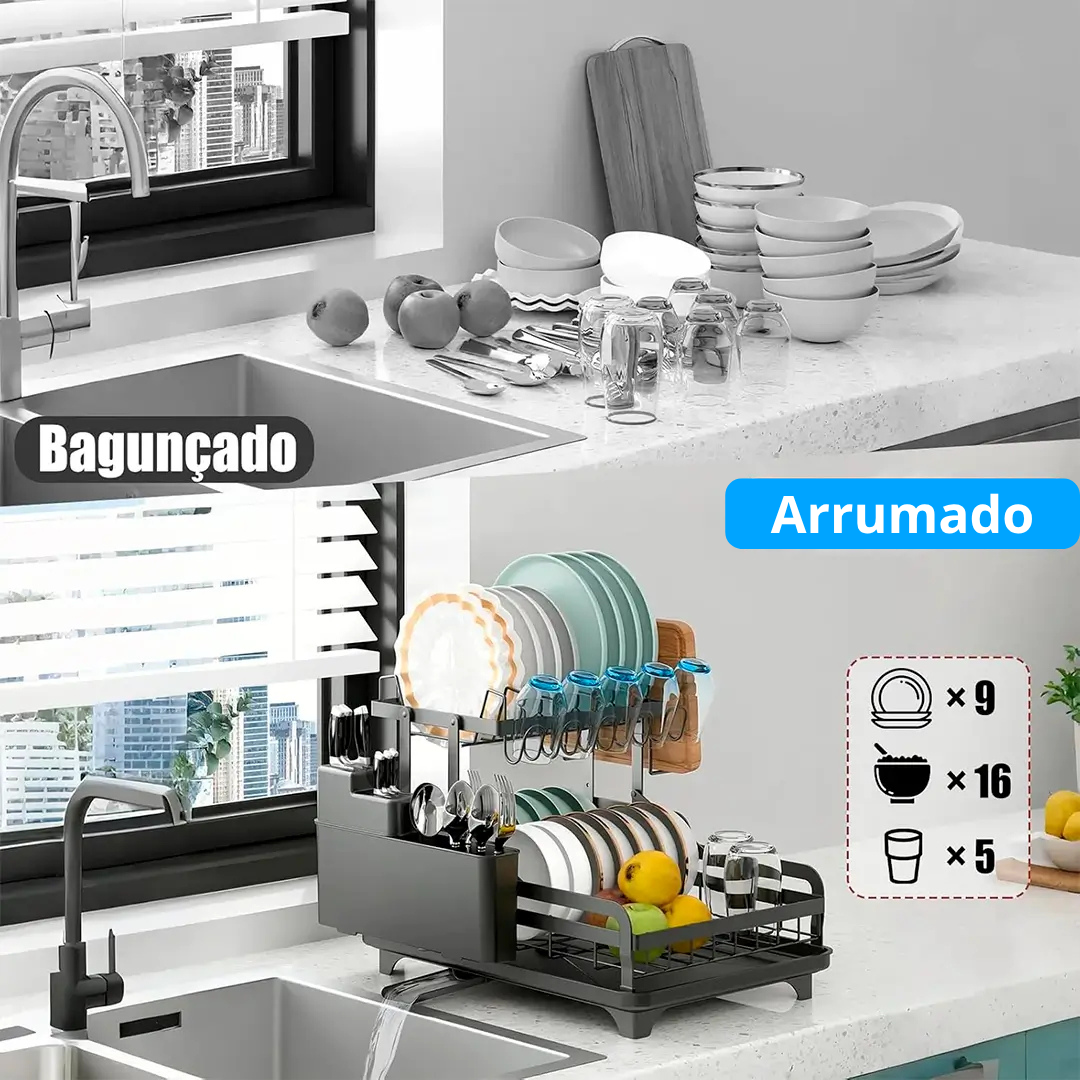 Escorredor de Aço Inox Multifuncional + BRINDE: Kit de Utensílios de Cozinha