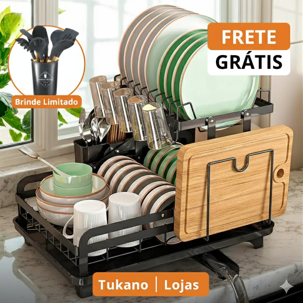 Escorredor de Aço Inox Multifuncional + BRINDE: Kit de Utensílios de Cozinha